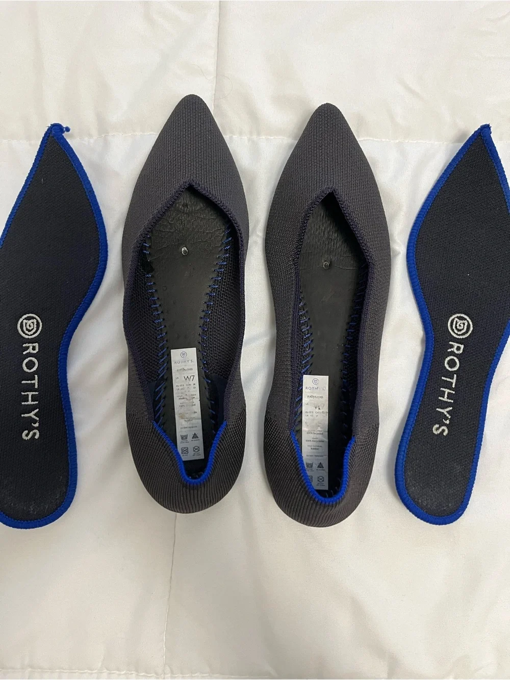 Rothy's Pointed Knit Flats in Charcoal with Blue Trim